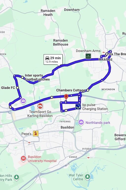 Basildon driving test routes map UK showing DVSA test routes, real exam roads, key junctions, roundabouts and roads used in the driving test