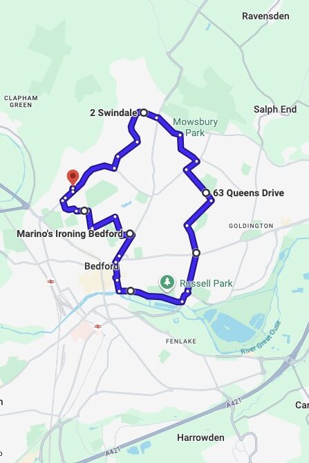 Bedford driving test routes map UK showing DVSA test routes, real exam roads, key junctions, roundabouts and roads used in the driving test