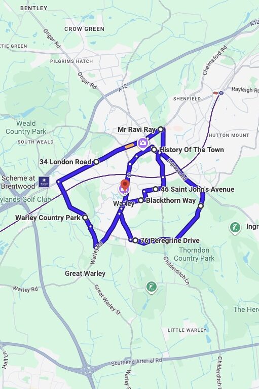 Brentwood (London) driving test routes map UK showing DVSA test routes, real exam roads, key junctions, roundabouts and roads used in the driving test