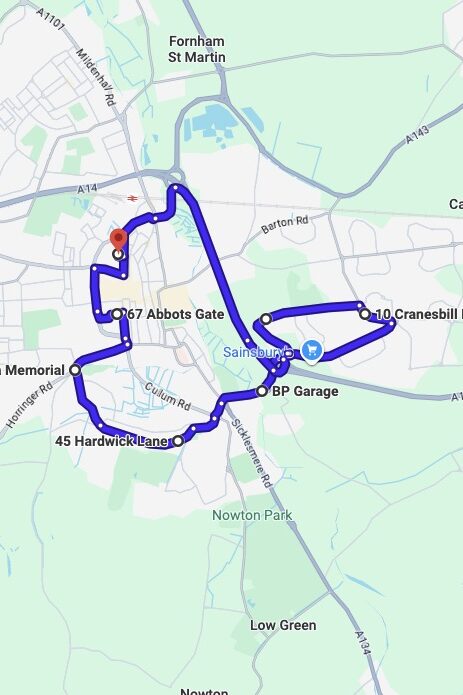 Bury St Edmunds driving test routes map UK showing DVSA test routes, real exam roads, key junctions, roundabouts and roads used in the driving test