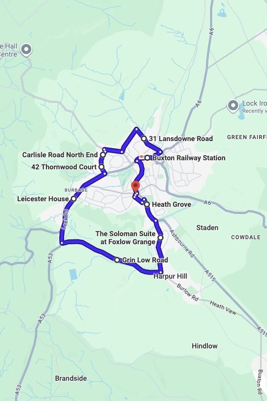 Buxton driving test routes map UK showing DVSA test routes, real exam roads, key junctions, roundabouts and roads used in the driving test