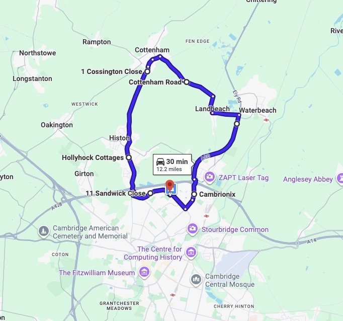 Cambridge (Brookmount Court) driving test routes map UK showing DVSA test routes, real exam roads, key junctions, roundabouts and roads used in the driving test