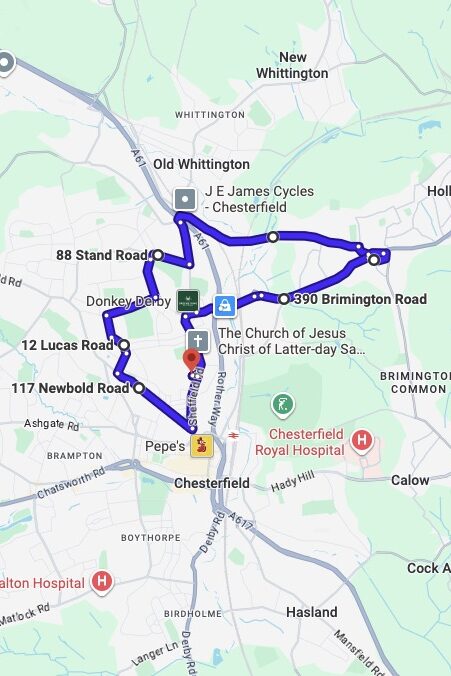 Chesterfield driving test routes map UK showing DVSA test routes, real exam roads, key junctions, roundabouts and roads used in the driving test