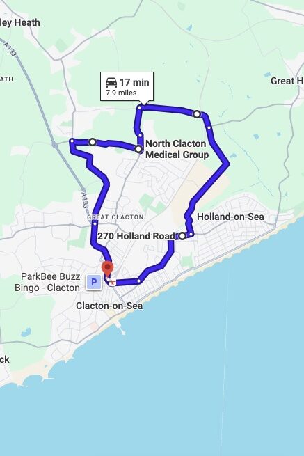 Clacton-on-Sea driving test routes map UK showing DVSA test routes, real exam roads, key junctions, roundabouts and roads used in the driving test