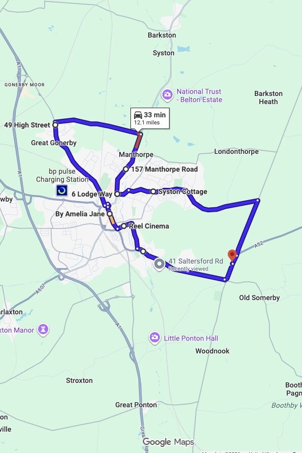 Grantham (Somerby) driving test routes map UK showing DVSA test routes, real exam roads, key junctions, roundabouts and roads used in the driving test