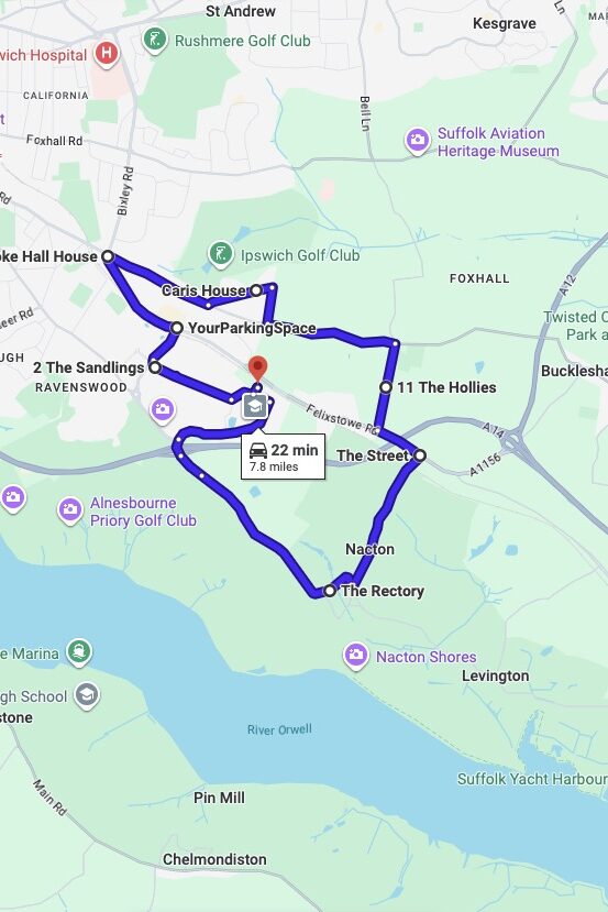 Ipswich driving test routes map UK showing DVSA test routes, real exam roads, key junctions, roundabouts and roads used in the driving test