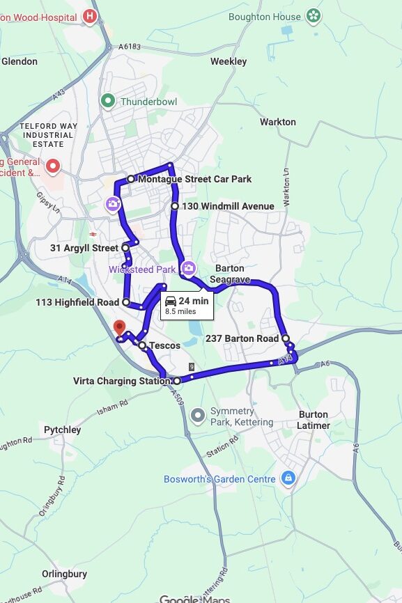 Kettering driving test routes map UK showing DVSA test routes, real exam roads, key junctions, roundabouts and roads used in the driving test