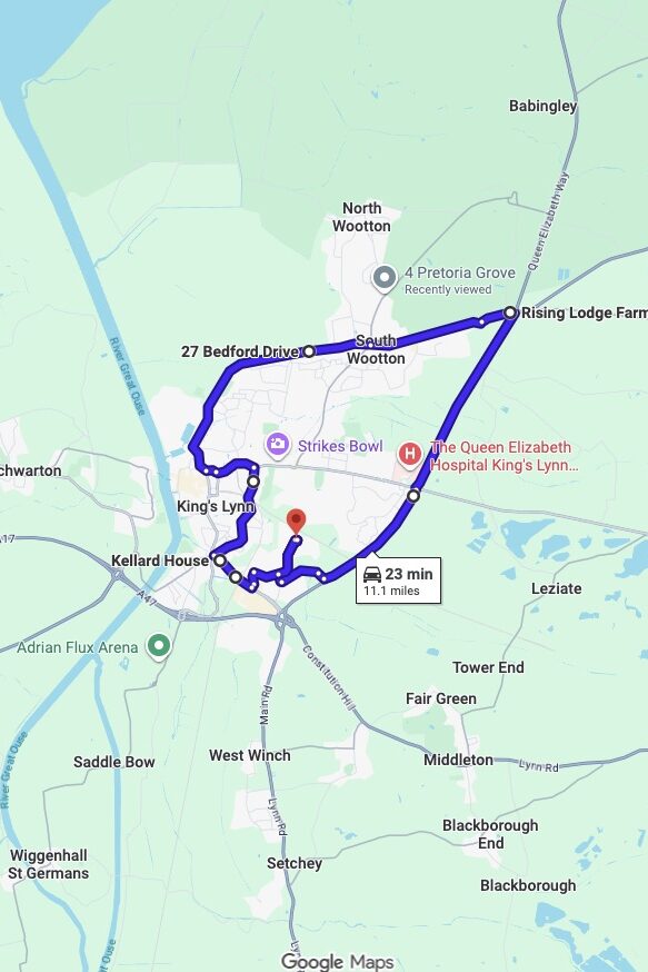 Kings Lynn driving test routes map UK showing DVSA test routes, real exam roads, key junctions, roundabouts and roads used in the driving test