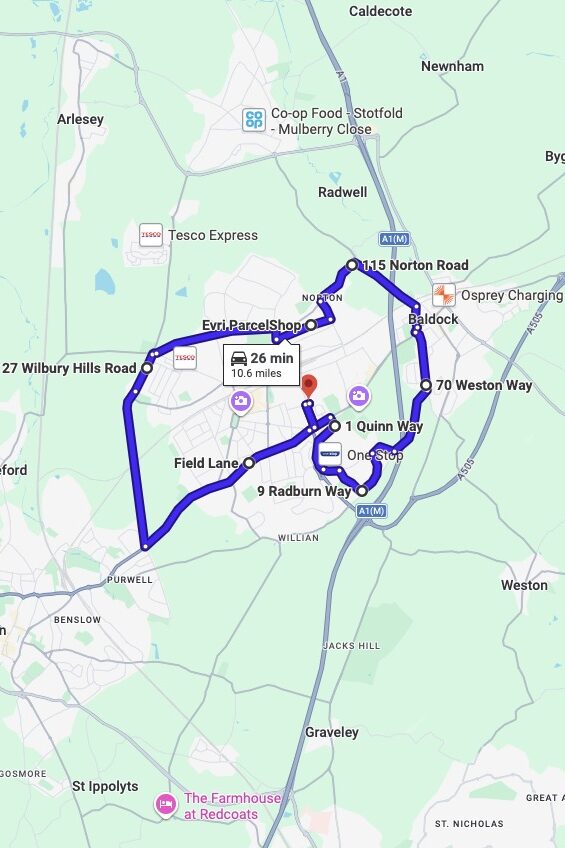 Letchworth driving test routes map UK showing DVSA test routes, real exam roads, key junctions, roundabouts and roads used in the driving test