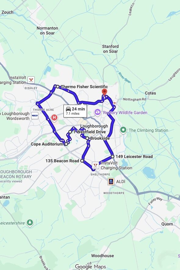 Loughborough driving test routes map UK showing DVSA test routes, real exam roads, key junctions, roundabouts and roads used in the driving test