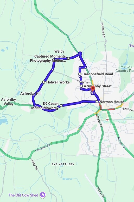 Melton Mowbray driving test routes map UK showing DVSA test routes, real exam roads, key junctions, roundabouts and roads used in the driving test