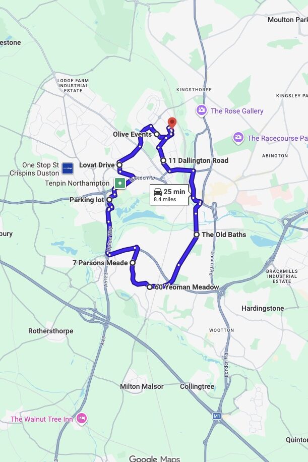 Northampton driving test routes map UK showing DVSA test routes, real exam roads, key junctions, roundabouts and roads used in the driving test