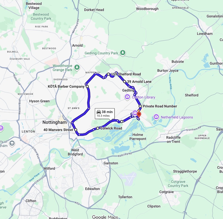 Nottingham (Colwick) driving test routes map UK showing DVSA test routes, real exam roads, key junctions, roundabouts and roads used in the driving test