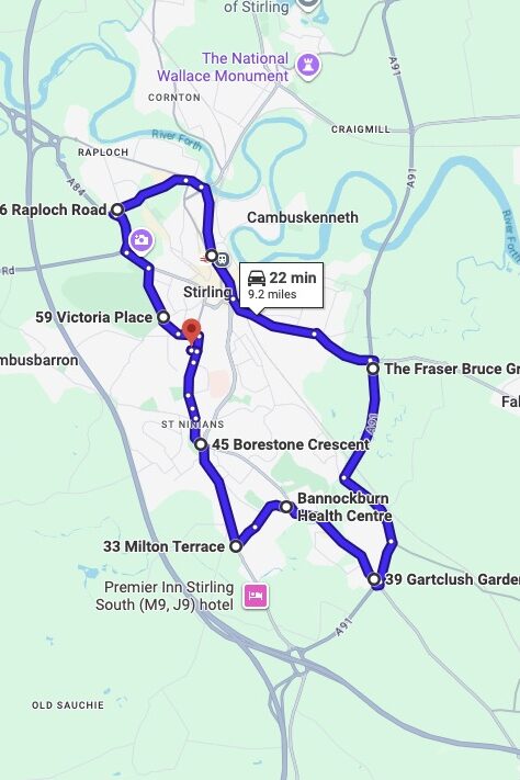 Stirling driving test routes map UK showing DVSA test routes, real exam roads, key junctions, roundabouts and roads used in the driving test