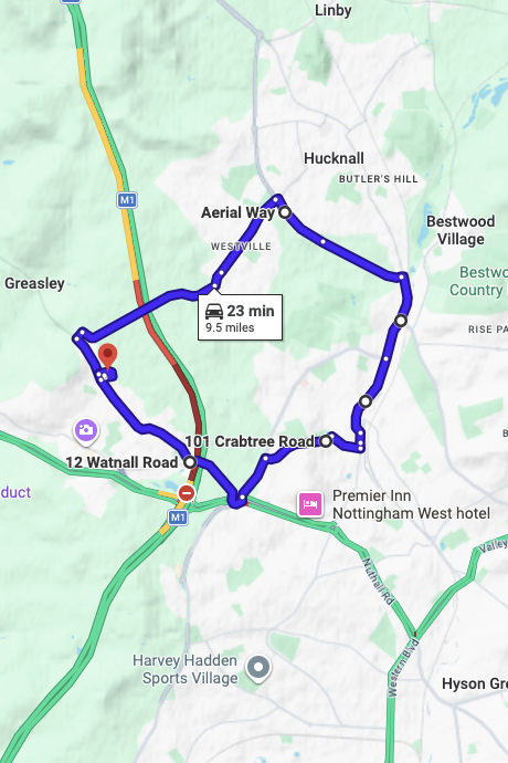 Watnall driving test routes map UK showing DVSA test routes, real exam roads, key junctions, roundabouts and roads used in the driving test