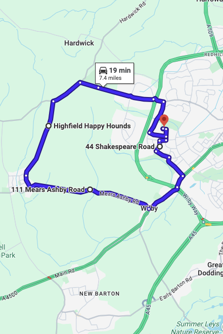 Wellingborough driving test routes map UK showing DVSA test routes, real exam roads, key junctions, roundabouts and roads used in the driving test