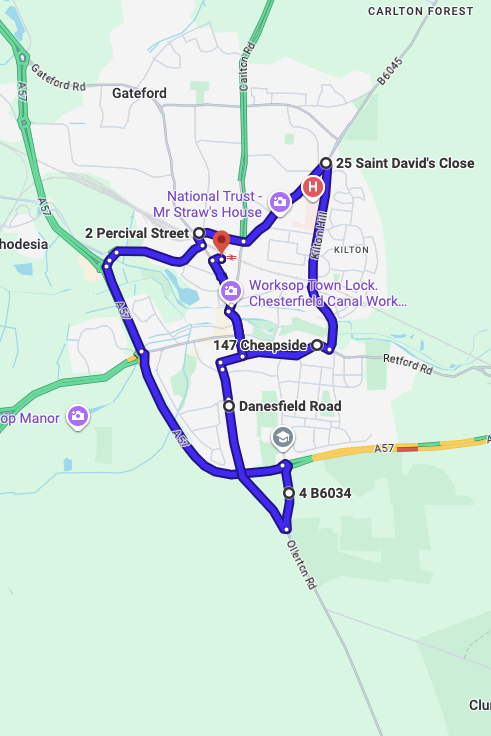 Worksop driving test routes map UK showing DVSA test routes, real exam roads, key junctions, roundabouts and roads used in the driving test