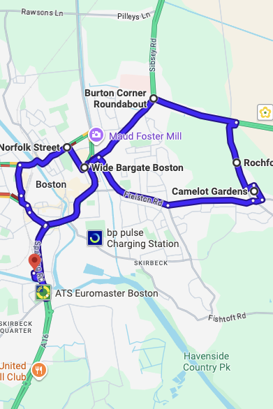 Boston driving test routes map UK showing DVSA test routes, real exam roads, key junctions, roundabouts and roads used in the driving test