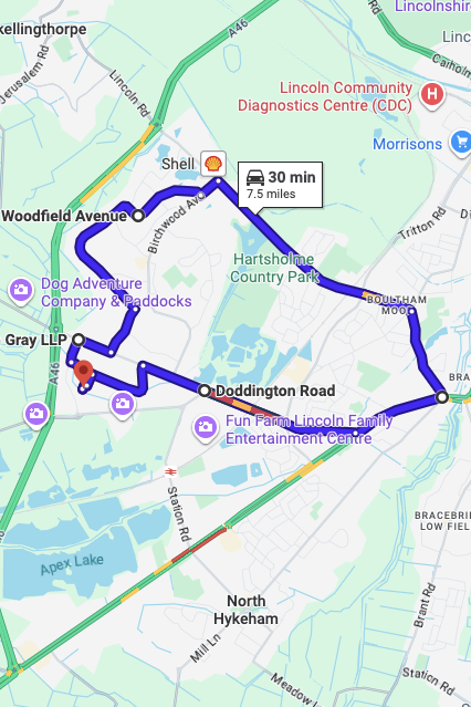 Lincoln driving test routes map UK showing DVSA test routes, real exam roads, key junctions, roundabouts and roads used in the driving test
