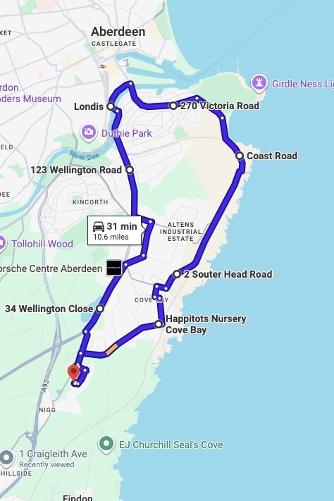 Aberdeen South (Cove) driving test routes map UK showing DVSA test routes, real exam roads, key junctions, roundabouts and roads used in the driving test