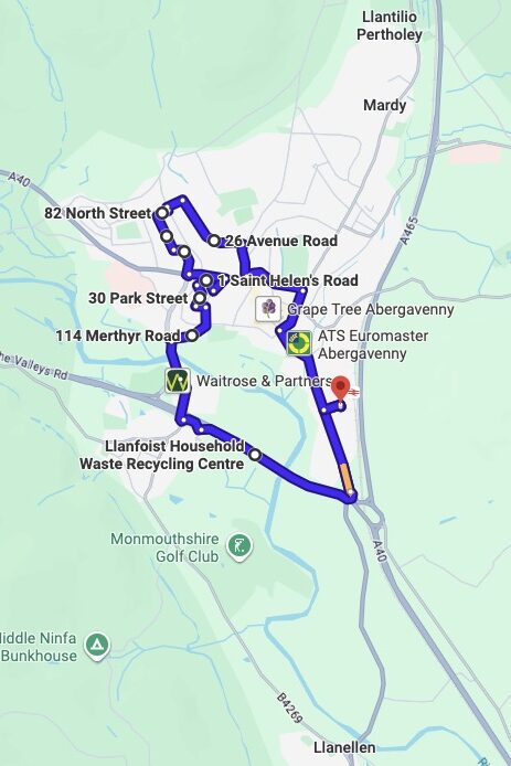 Abergavenny driving test routes map UK showing DVSA test routes, real exam roads, key junctions, roundabouts and roads used in the driving test