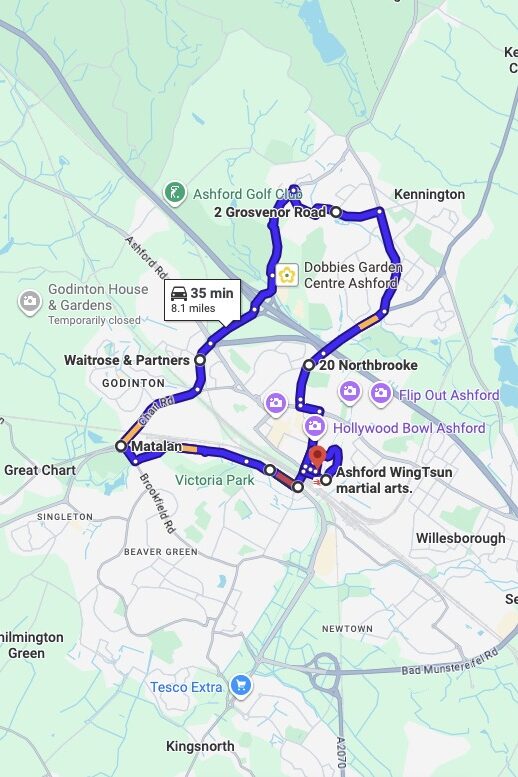 Ashford (Kent) driving test routes map UK showing DVSA test routes, real exam roads, key junctions, roundabouts and roads used in the driving test
