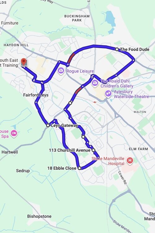 Aylesbury driving test routes map UK showing DVSA test routes, real exam roads, key junctions, roundabouts and roads used in the driving test