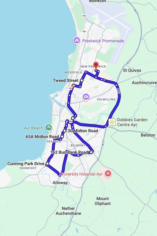 Ayr driving test routes map UK showing DVSA test routes, real exam roads, key junctions, roundabouts and roads used in the driving test