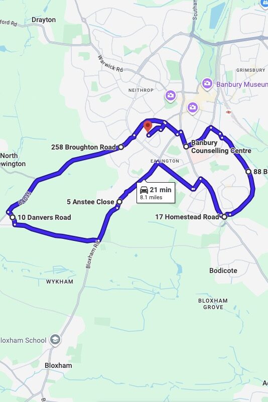 Banbury driving test routes map UK showing DVSA test routes, real exam roads, key junctions, roundabouts and roads used in the driving test