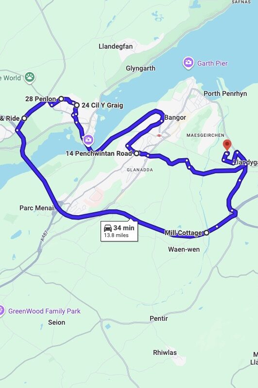Bangor driving test routes map UK showing DVSA test routes, real exam roads, key junctions, roundabouts and roads used in the driving test