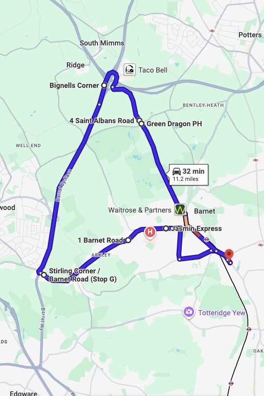 Barnet (London) driving test routes map UK showing DVSA test routes, real exam roads, key junctions, roundabouts and roads used in the driving test