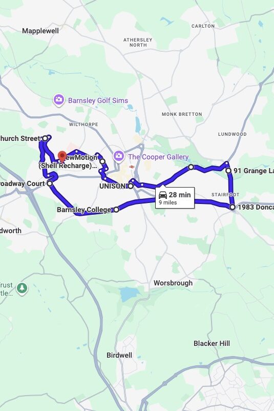 Barnsley driving test routes map UK showing DVSA test routes, real exam roads, key junctions, roundabouts and roads used in the driving test