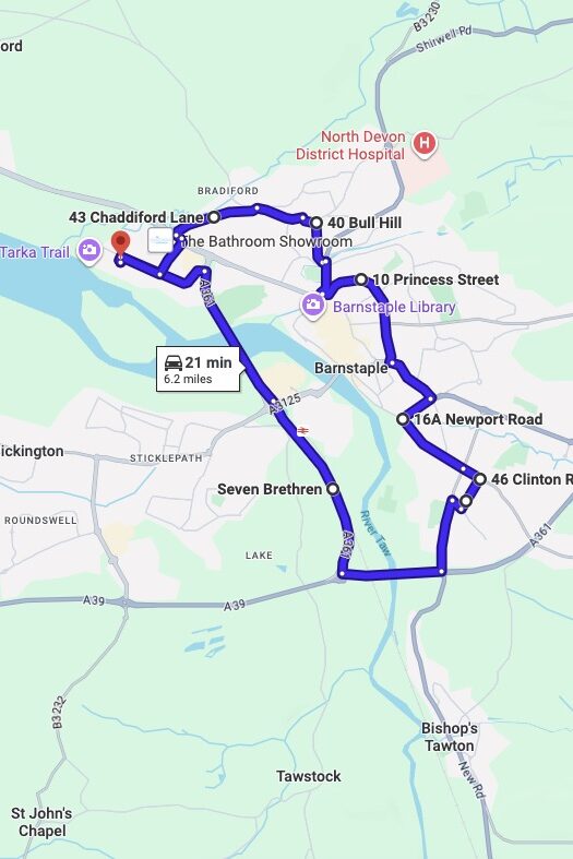 Barnstaple driving test routes map UK showing DVSA test routes, real exam roads, key junctions, roundabouts and roads used in the driving test