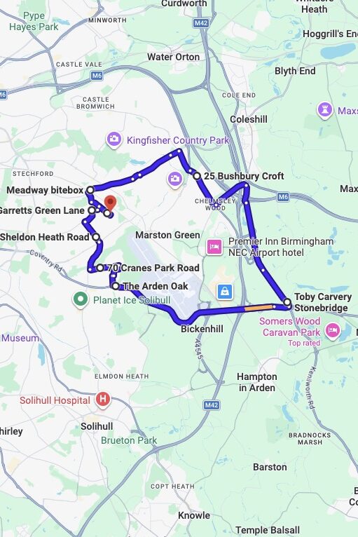 Birmingham (Garretts Green) driving test routes map UK showing DVSA test routes, real exam roads, key junctions, roundabouts and roads used in the driving test