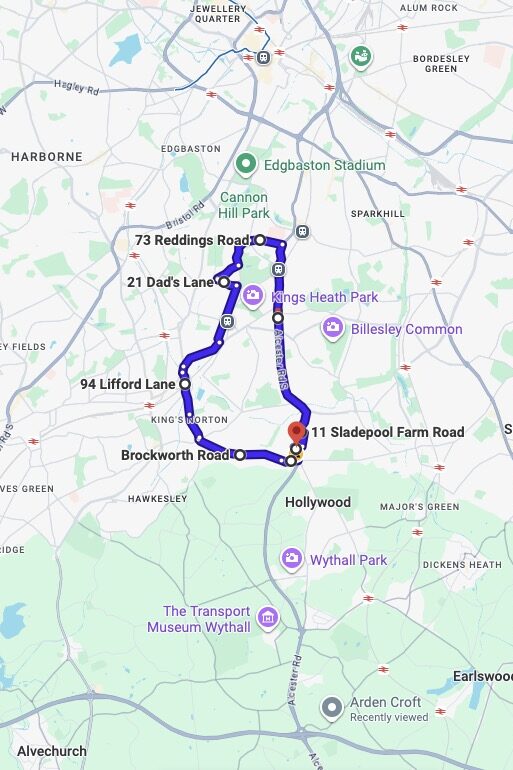 Birmingham (Kings Heath) driving test routes map UK showing DVSA test routes, real exam roads, key junctions, roundabouts and roads used in the driving test