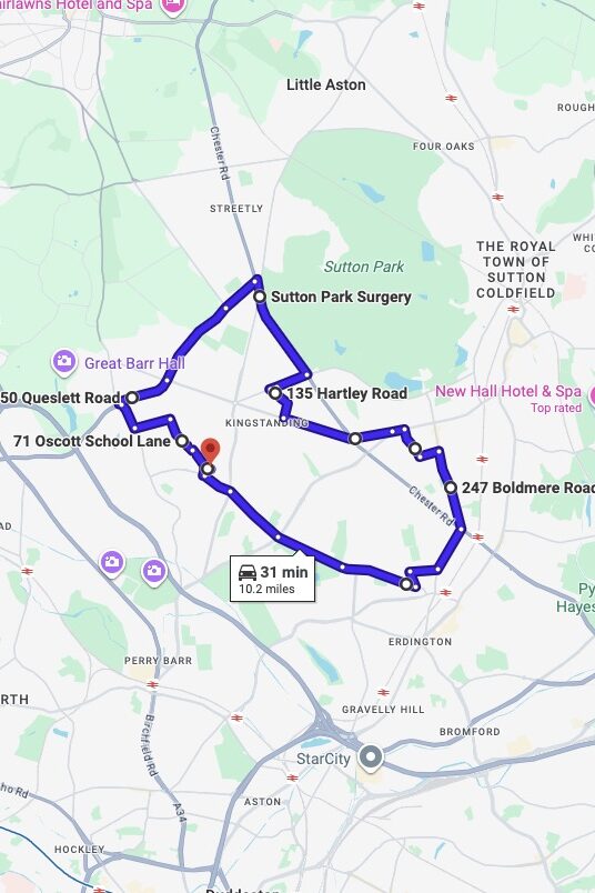 Birmingham (Kingstanding) driving test routes map UK showing DVSA test routes, real exam roads, key junctions, roundabouts and roads used in the driving test