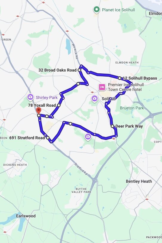 Birmingham (Shirley) driving test routes map UK showing DVSA test routes, real exam roads, key junctions, roundabouts and roads used in the driving test