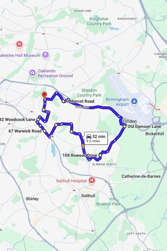 Birmingham (South Yardley) driving test routes map UK showing DVSA test routes, real exam roads, key junctions, roundabouts and roads used in the driving test