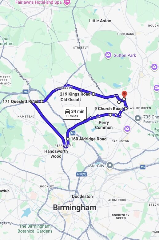 Birmingham (Sutton Coldfield) driving test routes map UK showing DVSA test routes, real exam roads, key junctions, roundabouts and roads used in the driving test