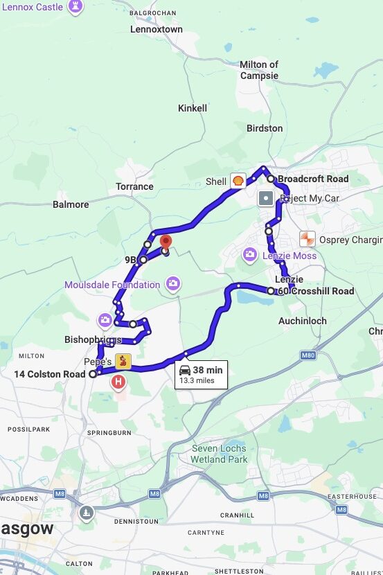 Bishopbriggs driving test routes map UK showing DVSA test routes, real exam roads, key junctions, roundabouts and roads used in the driving test