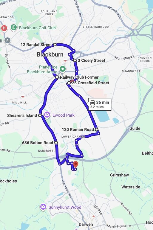 Blackburn with Darwen driving test routes map UK showing DVSA test routes, real exam roads, key junctions, roundabouts and roads used in the driving test