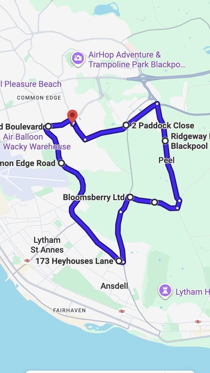 Blackpool driving test routes map UK showing DVSA test routes, real exam roads, key junctions, roundabouts and roads used in the driving test
