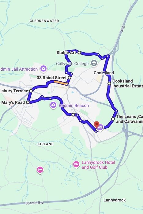 Bodmin driving test routes map UK showing DVSA test routes, real exam roads, key junctions, roundabouts and roads used in the driving test