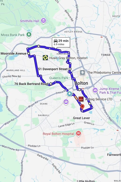 Bolton driving test routes map UK showing DVSA test routes, real exam roads, key junctions, roundabouts and roads used in the driving test