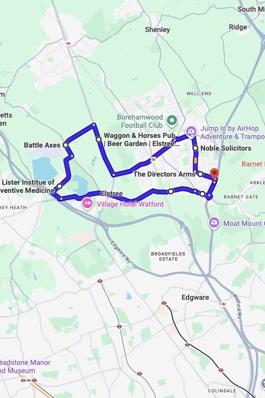 Borehamwood (London) driving test routes map UK showing DVSA test routes, real exam roads, key junctions, roundabouts and roads used in the driving test