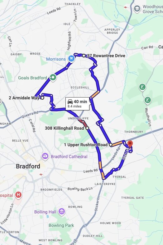 Bradford (Thornbury) driving test routes map UK showing DVSA test routes, real exam roads, key junctions, roundabouts and roads used in the driving test