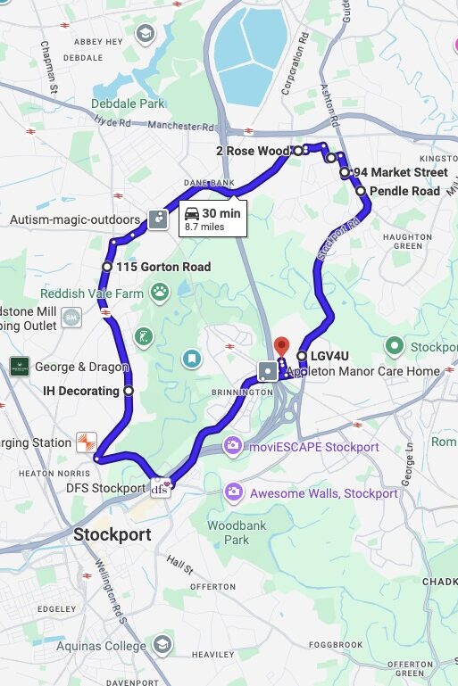 Bredbury driving test routes map UK showing DVSA test routes, real exam roads, key junctions, roundabouts and roads used in the driving test