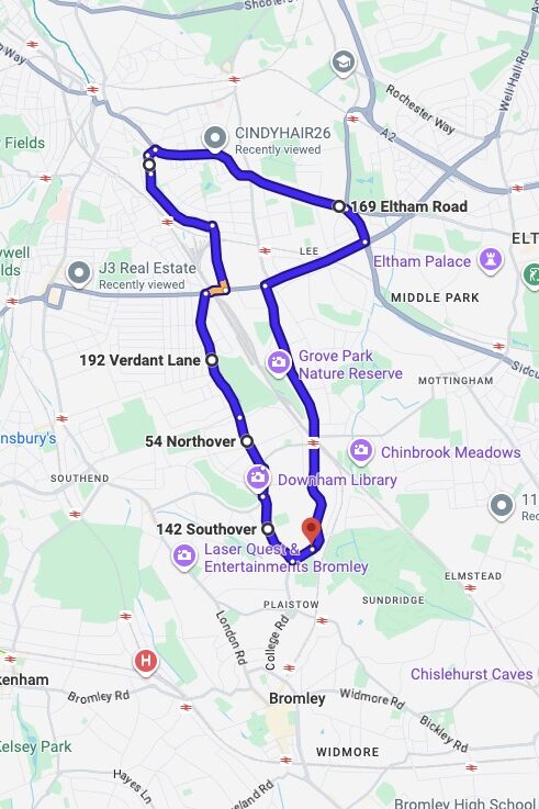 Bromley (London) driving test routes map UK showing DVSA test routes, real exam roads, key junctions, roundabouts and roads used in the driving test