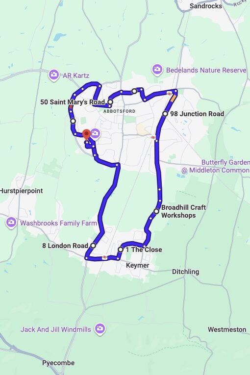 Burgess Hill driving test routes map UK showing DVSA test routes, real exam roads, key junctions, roundabouts and roads used in the driving test