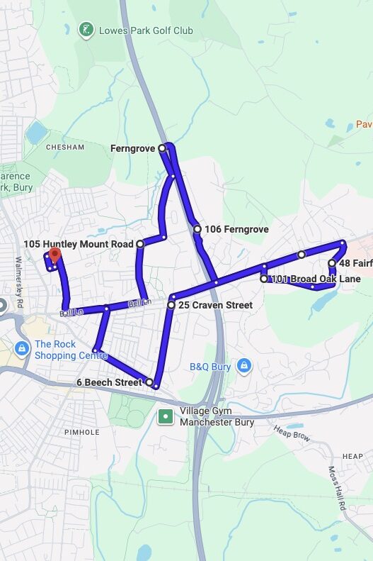 Bury driving test routes map UK showing DVSA test routes, real exam roads, key junctions, roundabouts and roads used in the driving test